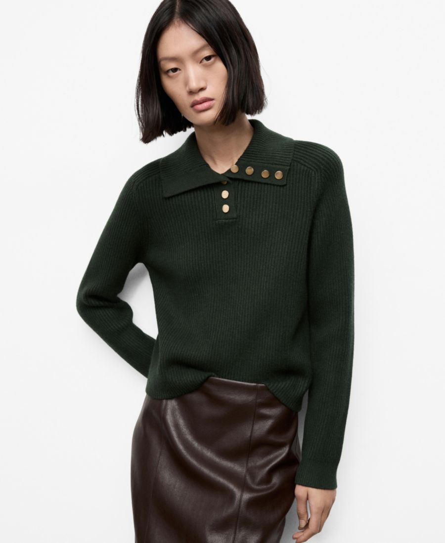 

Женский ребристый свитер с воротником-поло и пуговицами MANGO, Dark Green