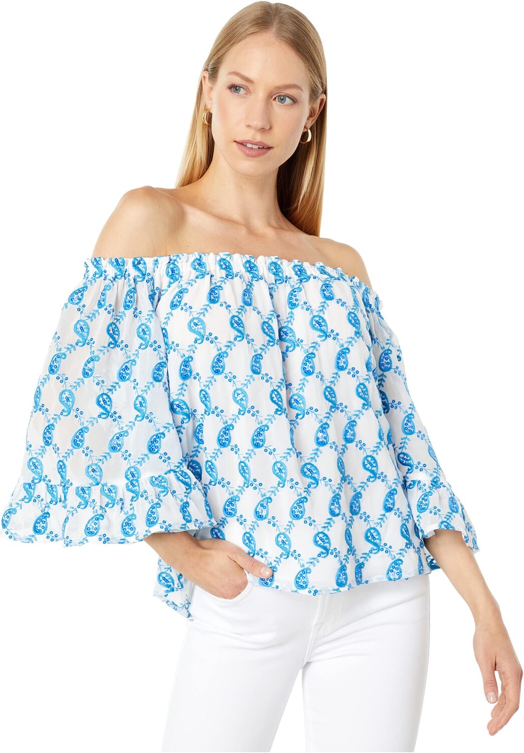 

Топ Lilly Pulitzer Alva Top, цвет Baha Blue Paisley Embroidered Sequin