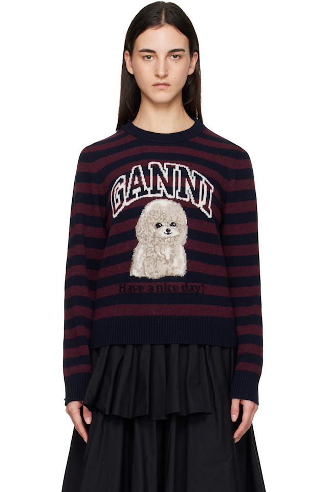 

Ganni Бордовый шерстяной свитер с графическим рисунком в полоску "пудель"