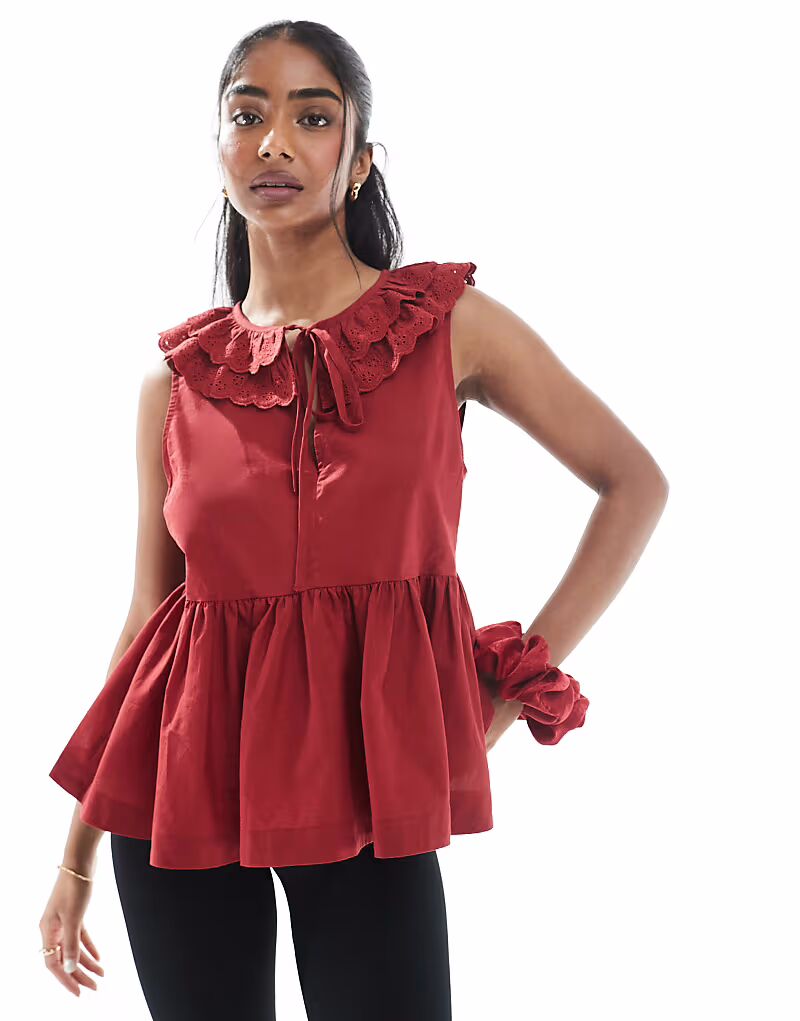 

Топ без рукавов с вышитым воротником и завязкой на шее бордового цвета Asos Design