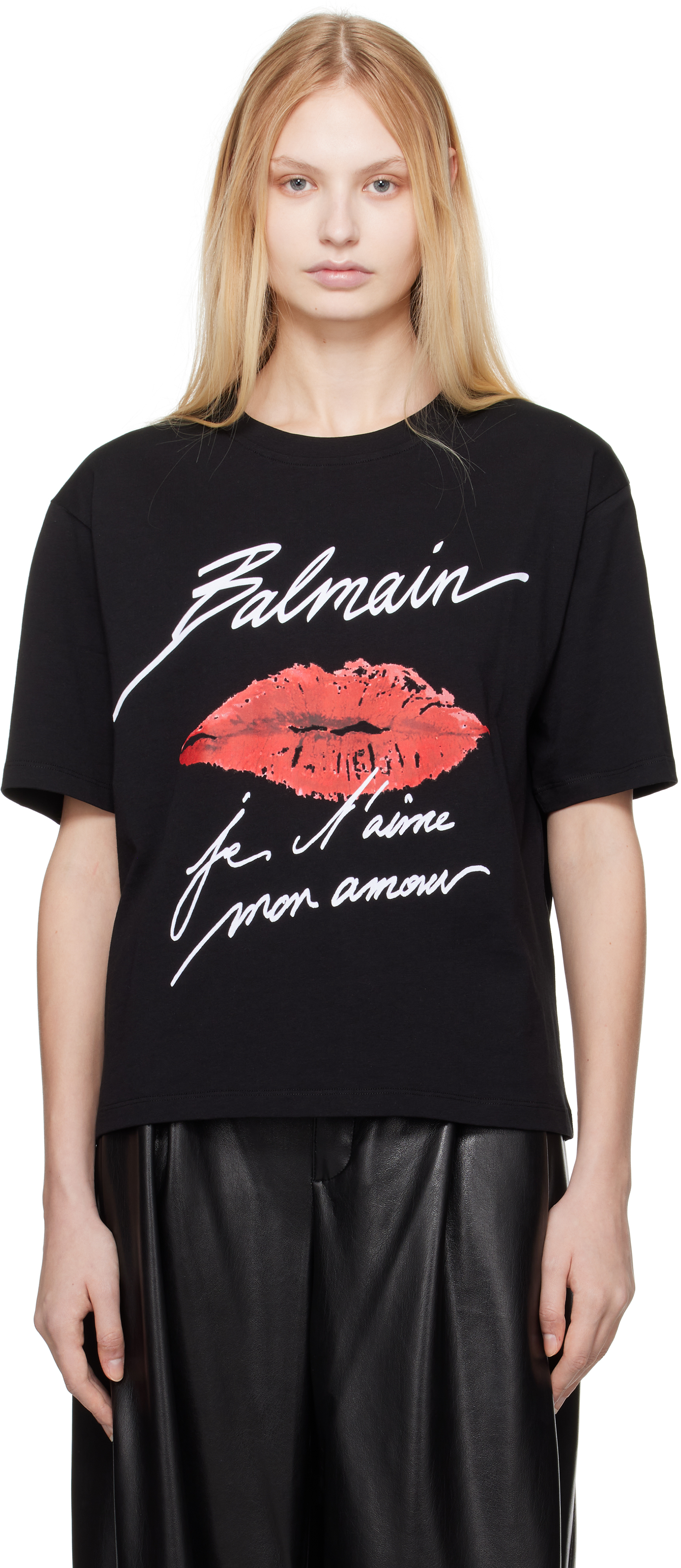 

Черная футболка с короткими рукавами и принтом «Поцелуй» Balmain