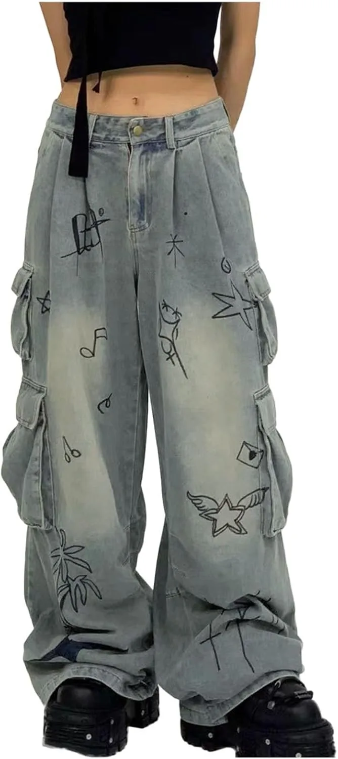 

NATHGAM Женские мешковатые джинсы Y2K Grunge Distressed Ripped, высокие, широкие