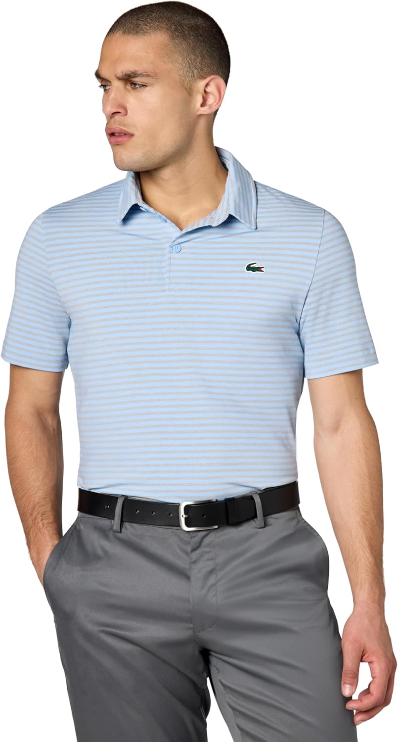 

Lacoste мужская спортивная поло Regular Fit с защитой от ультрафиолета для гольфа, Classic Blue/Silver Chine Striped, Синий, Lacoste мужская спортивная поло Regular Fit с защитой от ультрафиолета для гольфа, Classic Blue/Silver Chine Striped