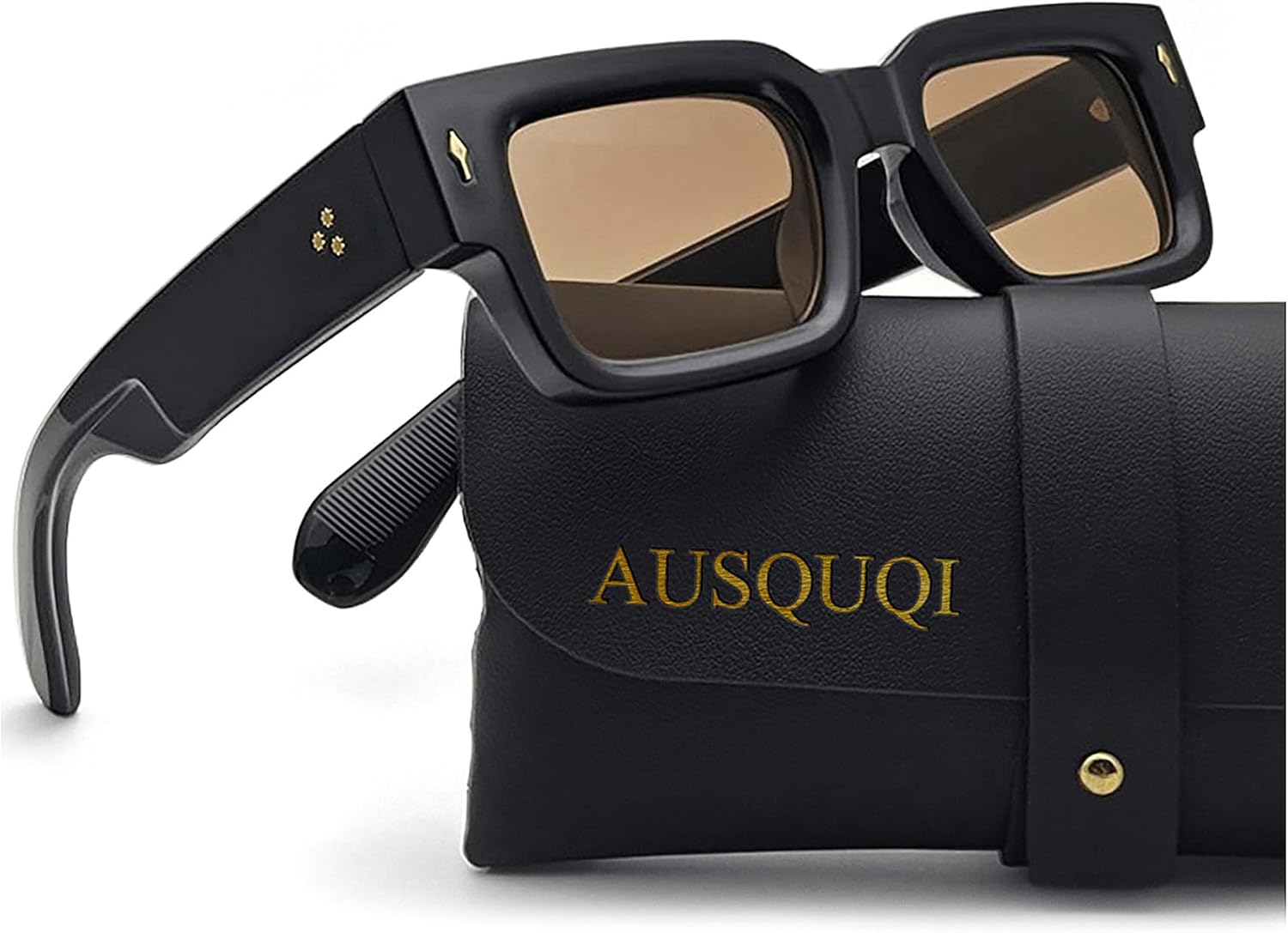 

Солнцезащитные очки в толстой квадратной оправе для мужчин и женщин. Модный массивный прямоугольный дизайн с заклепками. Солнцезащитные очки с защитой от УФ-излучения UV400 AUSQUQI, Black/Tea