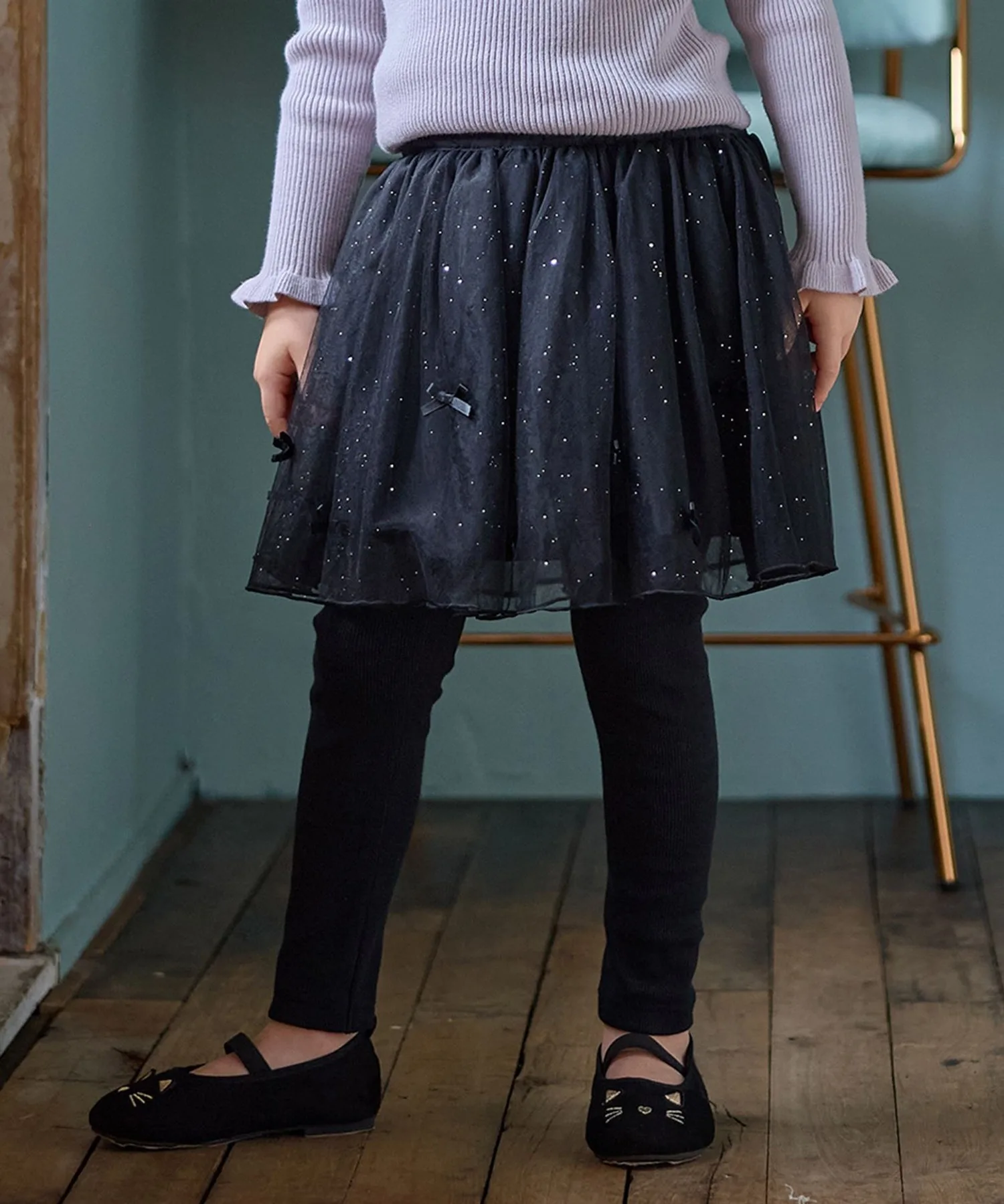 Детские брюки-шорты с пайетками и лентами Ribon Lame Churu Skirt ANY черные