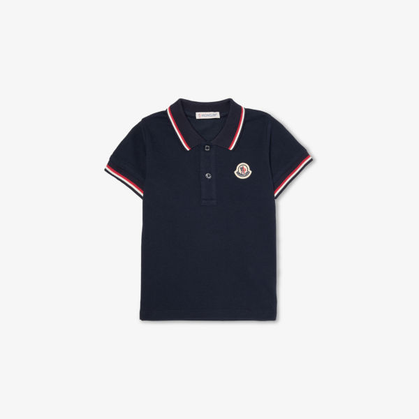 

Поло Moncler с короткими рукавами из хлопкового пике с полосатой отделкой 3 месяца-3 года, синий