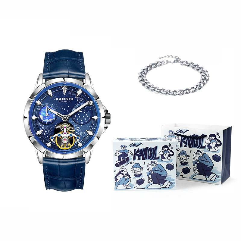 

KANGOL Часы Sea Of Stars Automatic Mechanical Movement Genuine Leather Strap Watch Men's Watch Cut Out Dial, Starry Sea Blue