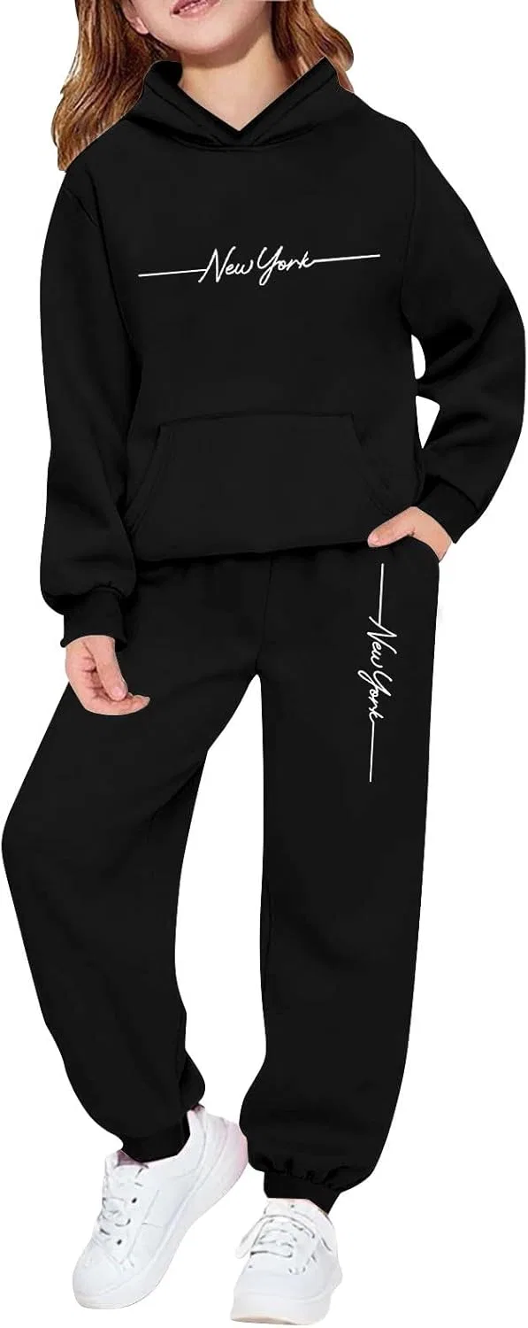 Generic Комплект New York Sweatsuits для девочек: флисовая толстовка с графическим принтом и спортивные штаны-джоггеры. Осенняя одежда, черный