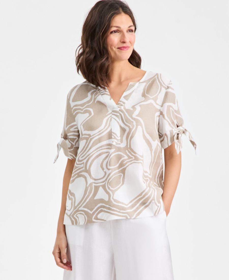 

Женская блузка из 100% льна с манжетами и разрезом на воротнике, эксклюзивно для Macy's Charter Club, Garden Sketch