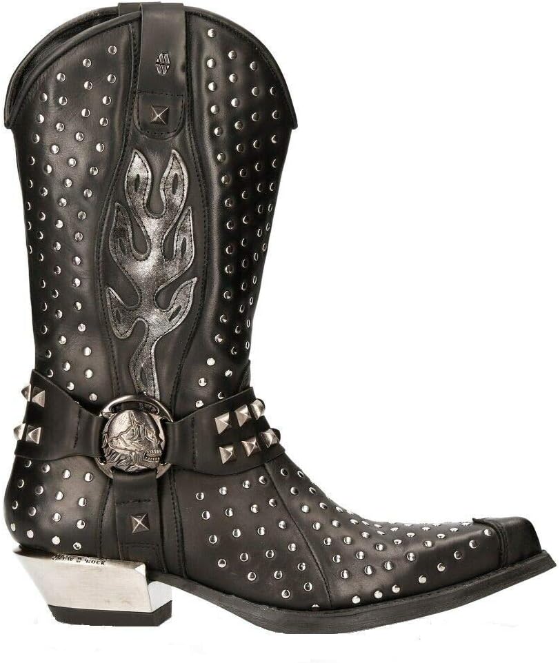 

Новые ковбойские ботинки New Rock M-7928-S1 WESTERN, черная кожа, тяжелые байкерские, с серебряными заклепками, черный