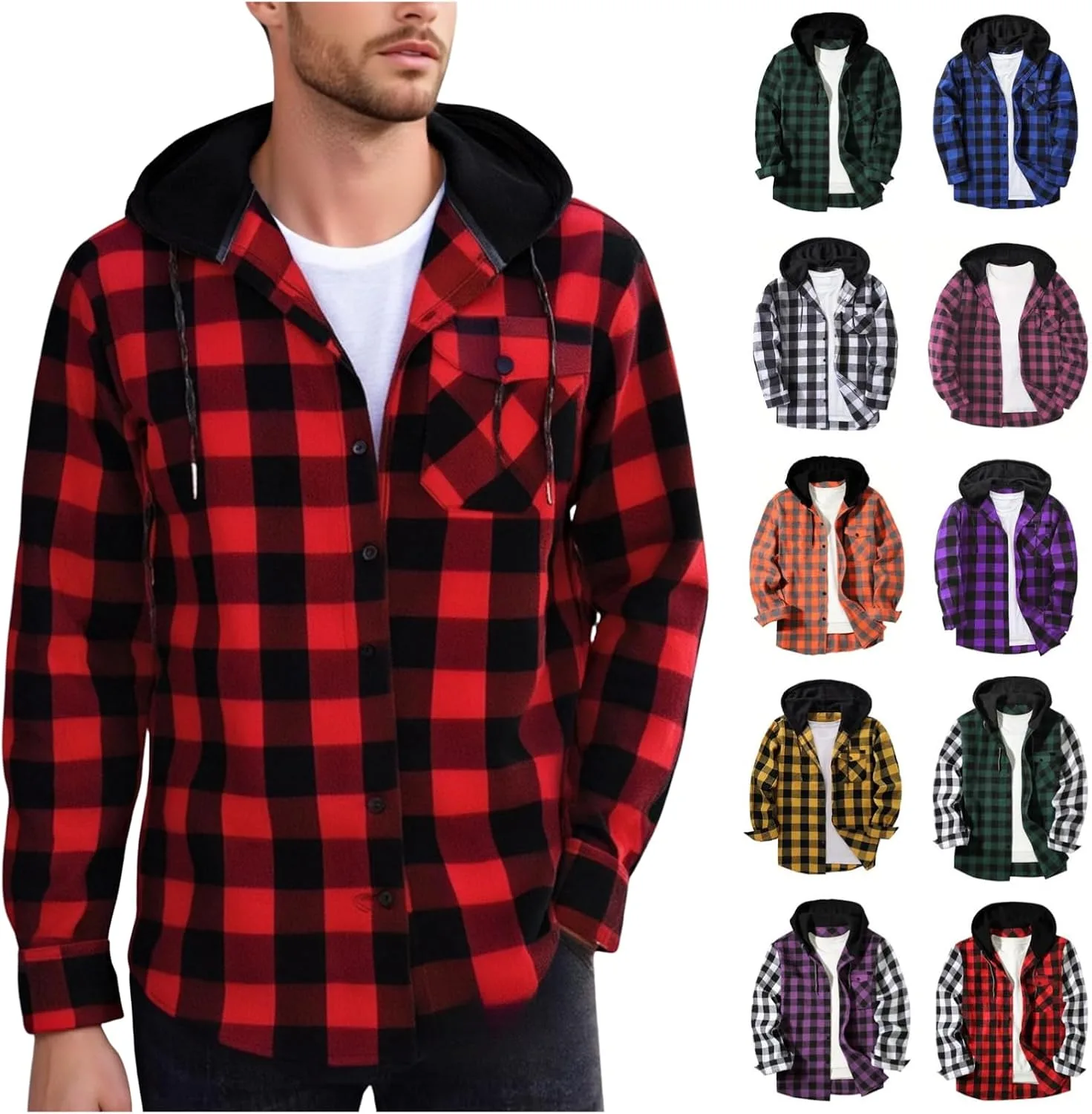 

Мужская фланелевая рубашка-худи с капюшоном и пуговицами