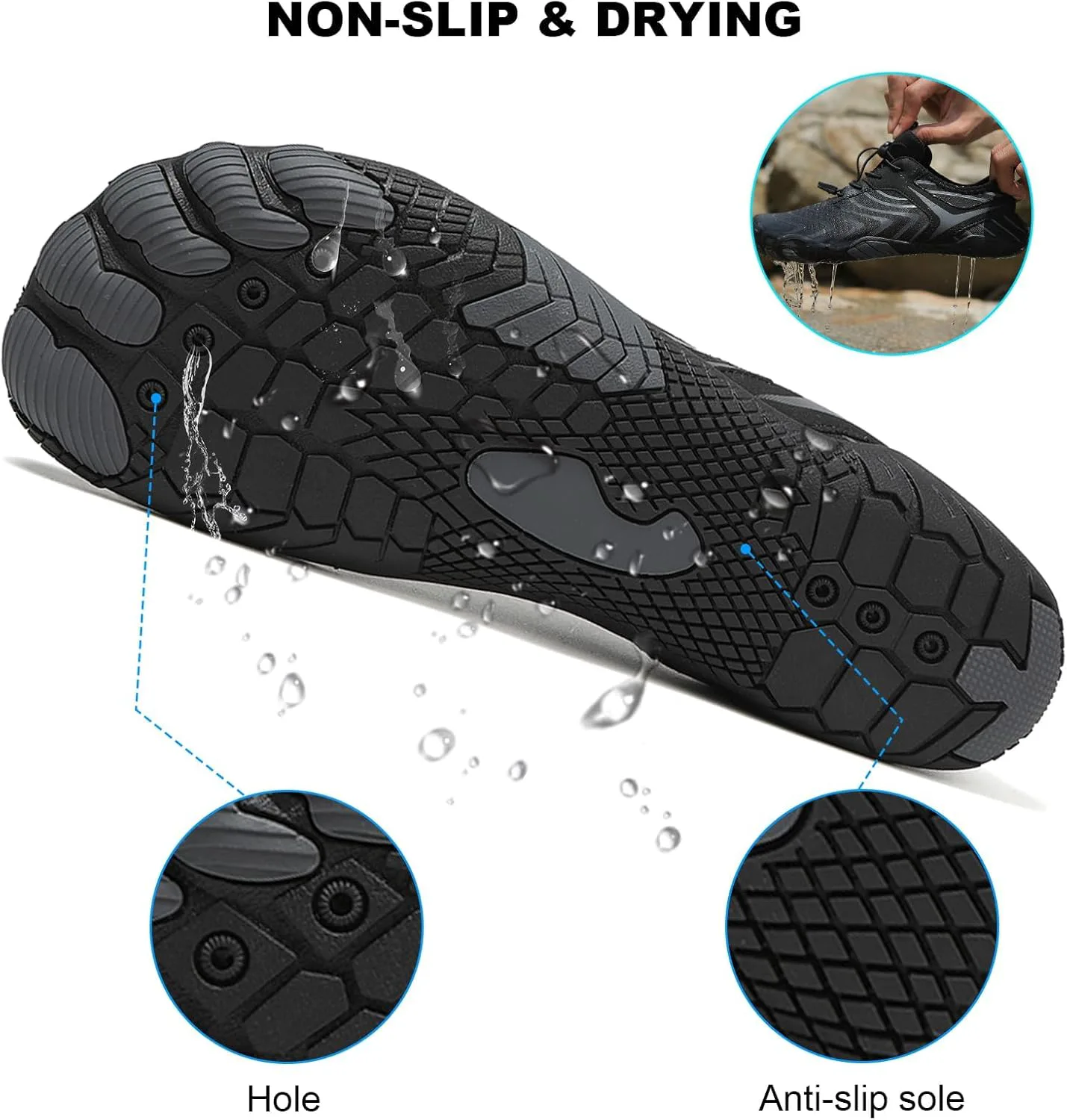 Обувь Footwear Pro Hike Barefoot для женщин и мужчин с широкой носочной частью, здоровая и нескользящая, дышащая, для босоногой ходьбы, пляжа, бассейна, плавания, серфинга, прогулок, походов и бега по тропам Generic, черный — фото 3
