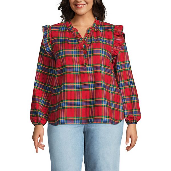 

Блуза Plus size с рюшами спереди из фланели Lands' End, Red Blue Plaid
