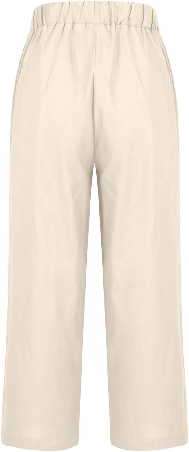 Брюки с карманами, Khaki, Womens Linen Pants with Pockets Casual Ankle Pant High Waist Comfy Lightweight Loose Trousers Beach Cropped — фото 4