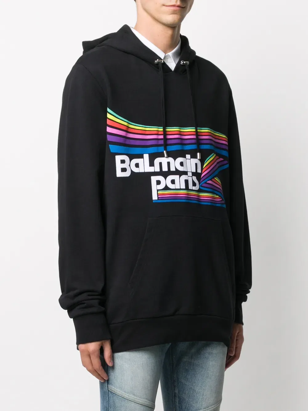 Толстовка с капюшоном на шнуровке и принтом логотипа Balmain, синий — фото 3