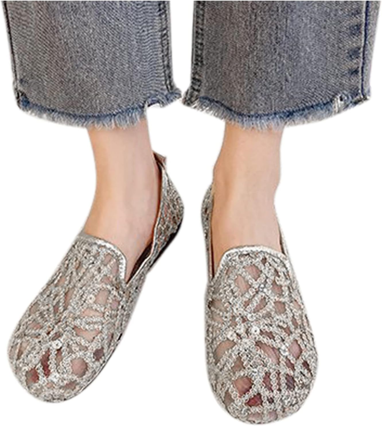 

Женские балетки Hbeylia на плоской подошве с блестками и пайетками, дышащая сетка, слипоны, обувь с округлым носком для женщин, девушек (золотой, 9.5-10)