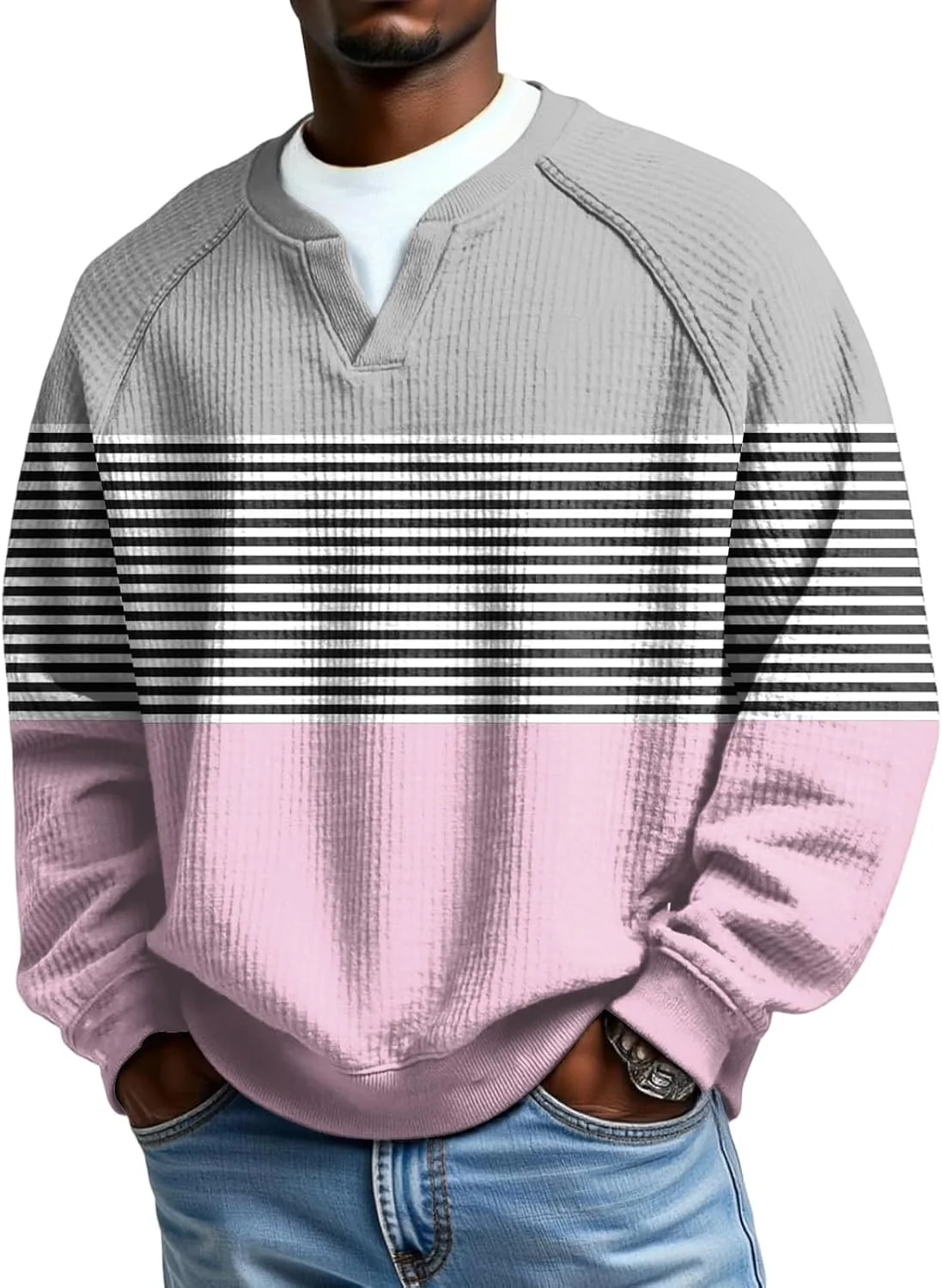 

Мужская футболка с V-образным вырезом, полоска, длинный рукав, Plus Size