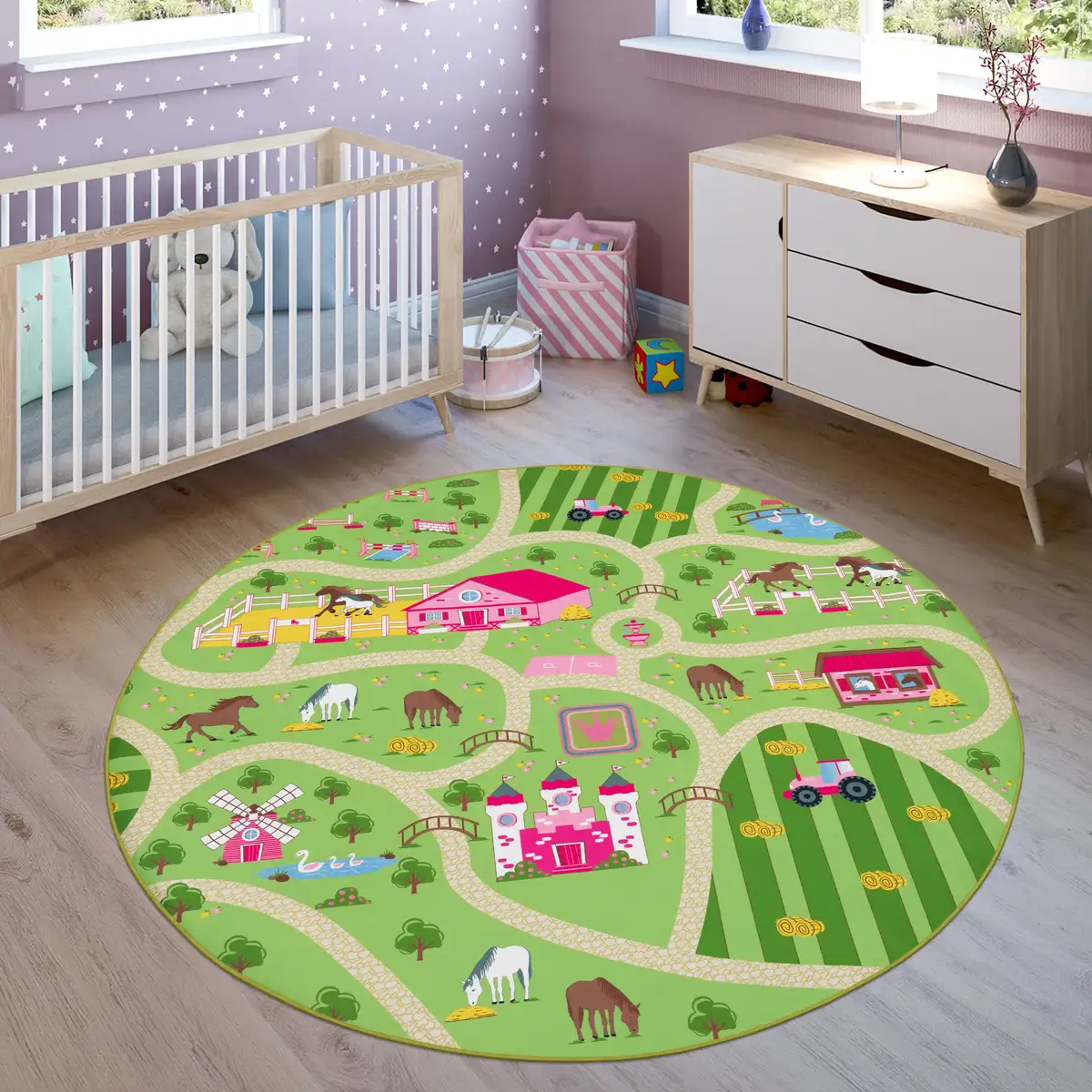 

Детский коврик Paco Home "Bino 560", круглый, короткий ворс, коврик для уличных игр, фермерский мотив, детская комната Ø 160 см, зеленый