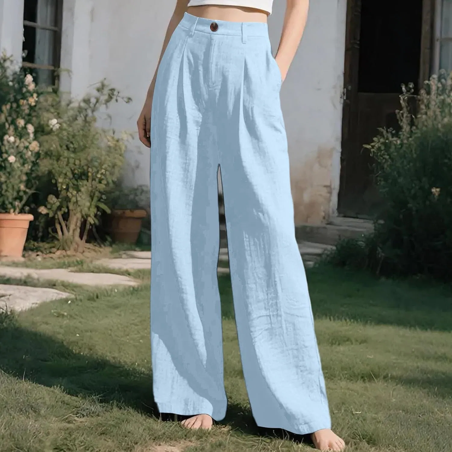 Женские брюки палаццо из льна с эластичным поясом, 03-sky Blue — фото 2