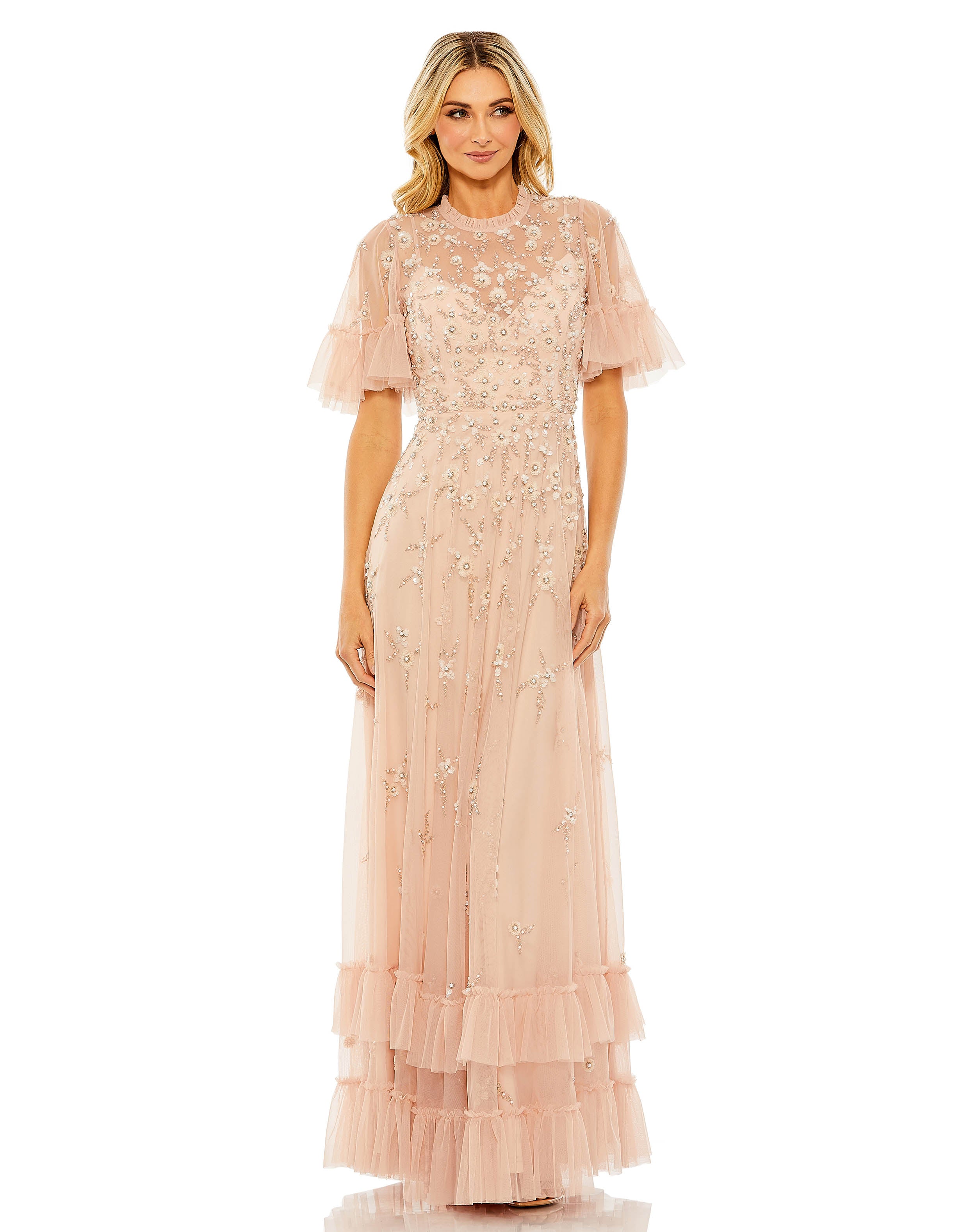 

Платье-футляр с рюшами, цветочным декором и расклешенными рукавами Mac Duggal, Blush