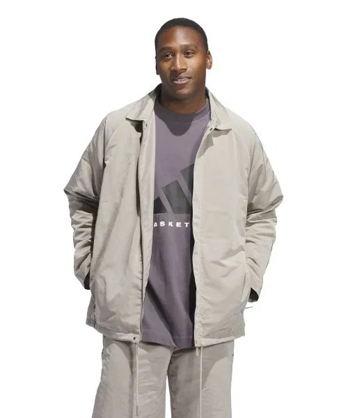 Куртка-тренч Adidas BASKETBALL Coach Jacket из переработанных материалов, бежевая — фото 3
