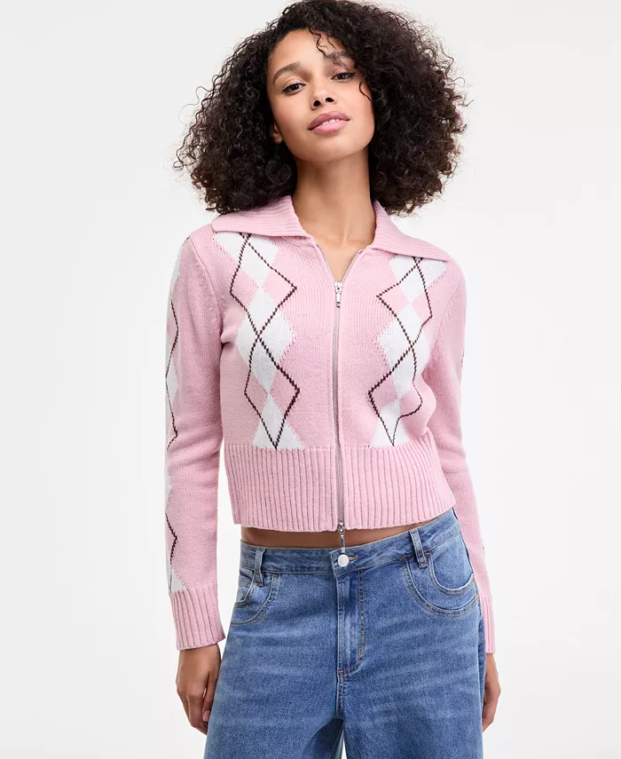 

Кардиган-свитер с узором «ромбики» и молнией спереди для юниоров Ultra Flirt, розовый