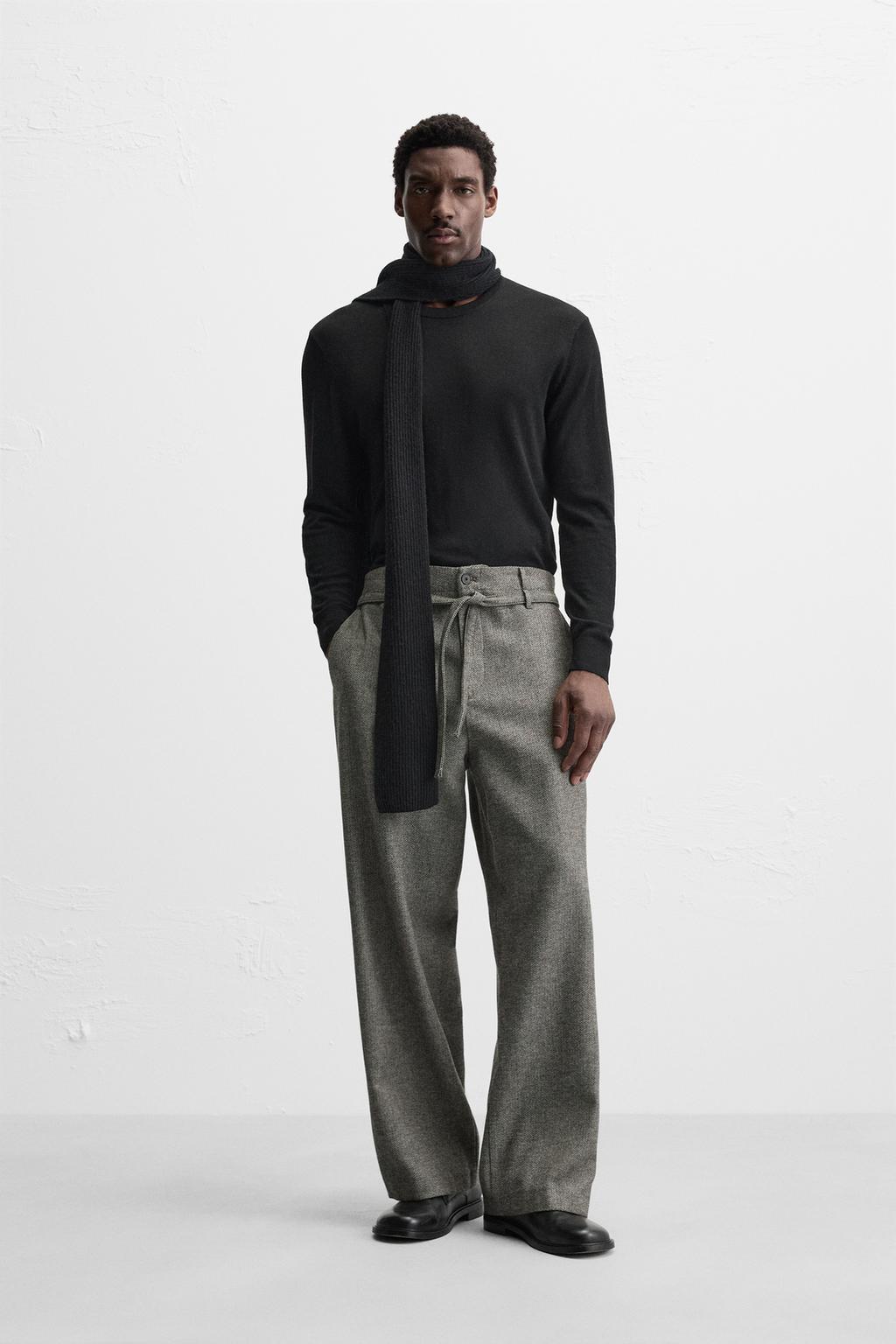 

Брюки с поясом в елочку ZARA, серый