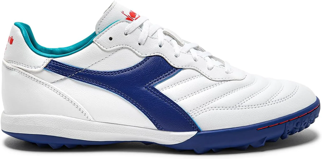 Футбольные бутсы Diadora Brasil Elite Turf - водоотталкивающий Suprellsoft, противоскользящая подкладка из ПУ на пятке, точки гибкости на стельке, высококачественное исполнение, белый/синий