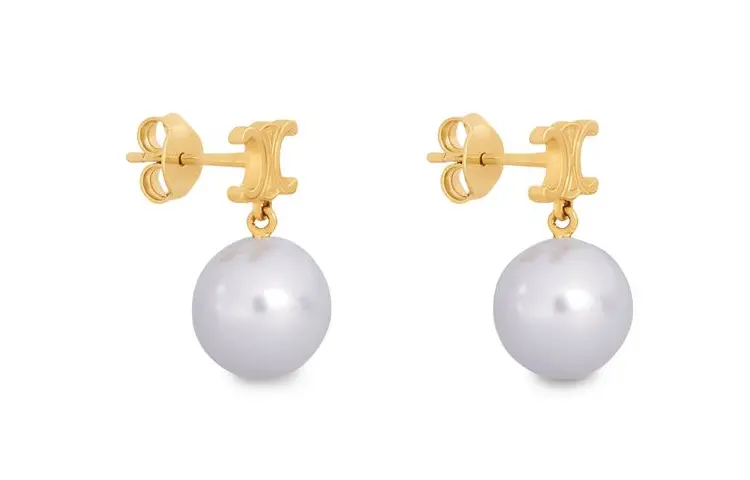 Серьги Les Perles из латуни с золотым покрытием и стеклянным жемчугом CELINE — фото 4