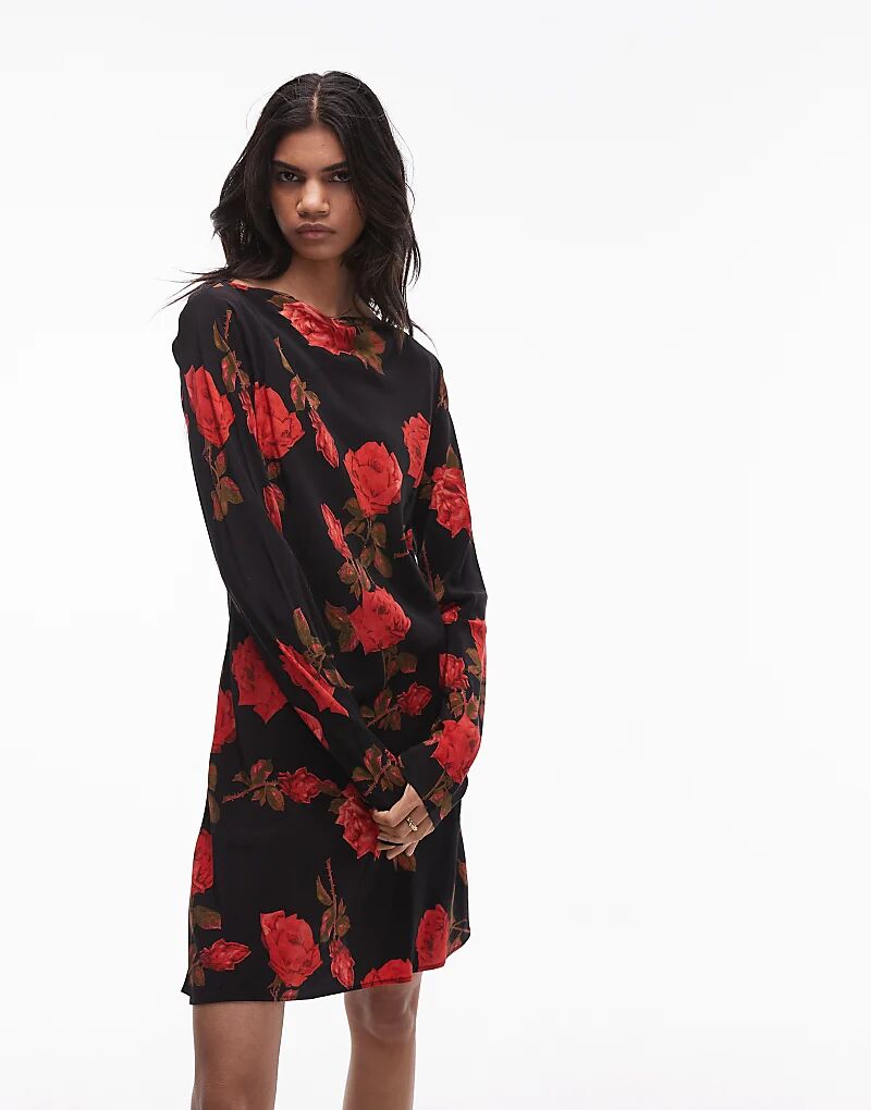 

Платье-мини с косой горловиной и цветочным принтом в виде розы Topshop