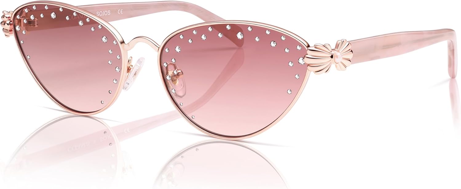 

Солнцезащитные очки SOJOS Acetate Cat Eye Limited Edition для женщин, украшенные стразами и жемчугом, винтажные дизайнерские солнцезащитные очки, Darling, Rose-gold/Grading Red
