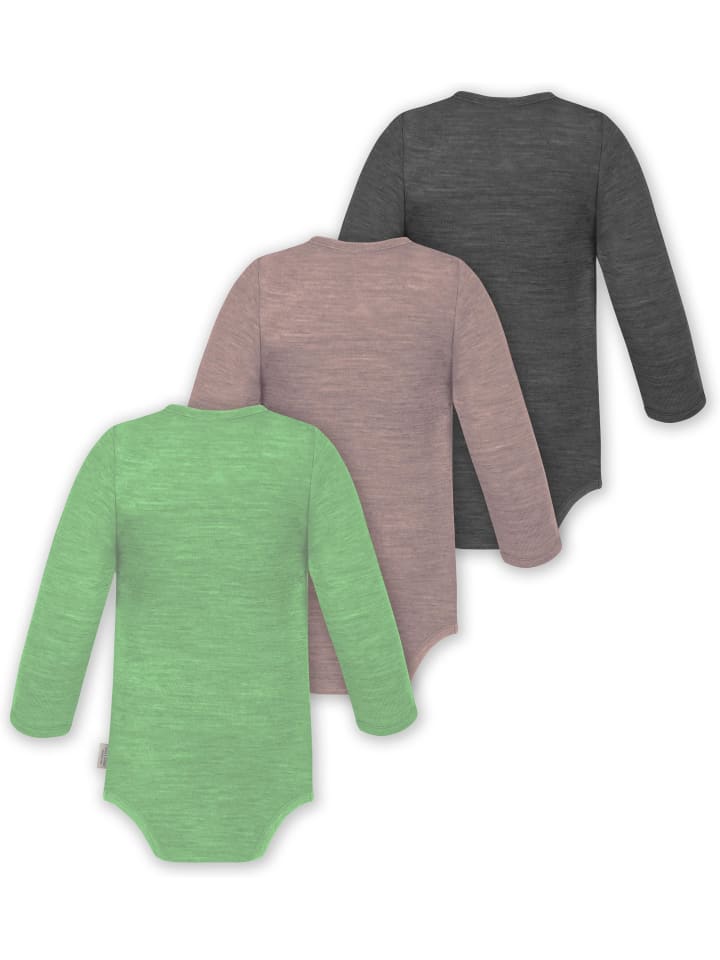Normani Outdoor Sports Комплект из 3 детских боди с длинными рукавами из мериносовой шерсти, цвет антрацит/розовый/зеленый, Окленд — фото 2