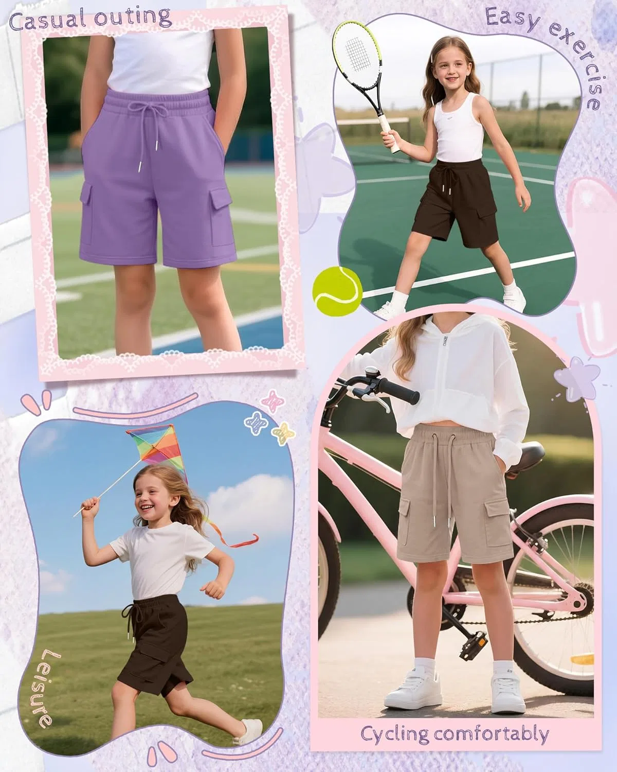 Шорты бермуды для девочек 3 шт, LessonZoo, на завязках, с карманами, Brown, Taro Purple, Oatmeal — фото 2