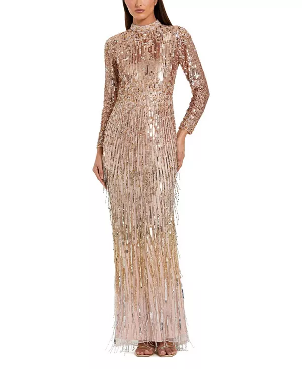 

Платье-Футляр с высоким воротником, длинными рукавами, пайетками и бахромой. Mac Duggal, золотой