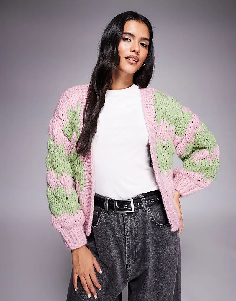 

Кардиган ручной вязки Kiwi & Co Hugs & Kisses с рукавами-фонариками в розово-лаймовом цвете