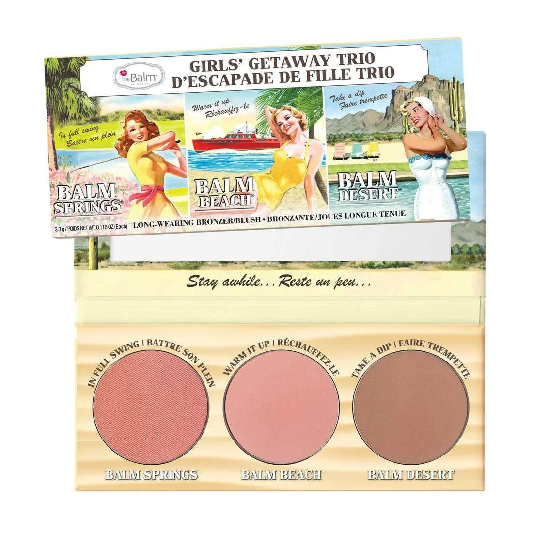 theBalm Girls' Getaway Trio - палетка для хайлайтинга, скульптурирования лица и стойкие румяна/бронзеры, Balm (Springs, Beach и Desert), по 3,3 г каждый, Assorted