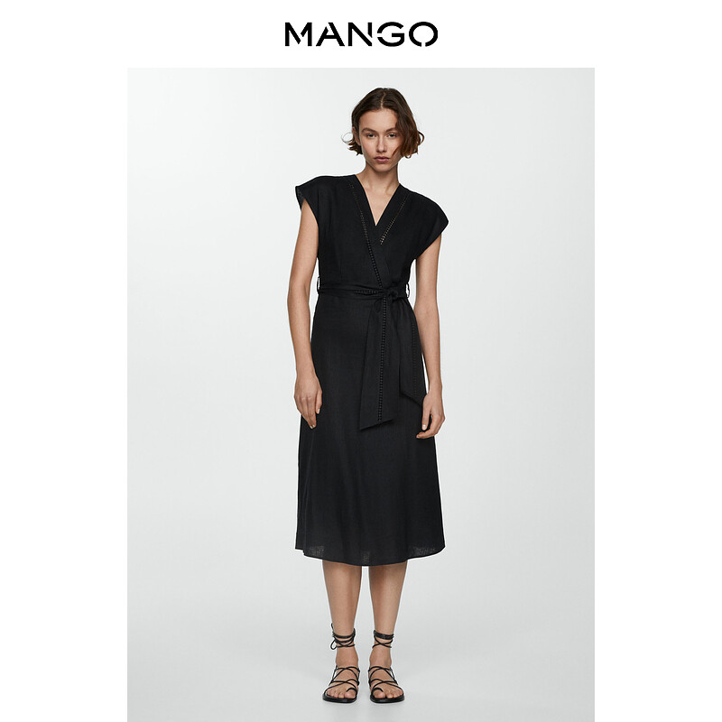 

Женское платье Mango из льняной ткани и вышивкой, черный