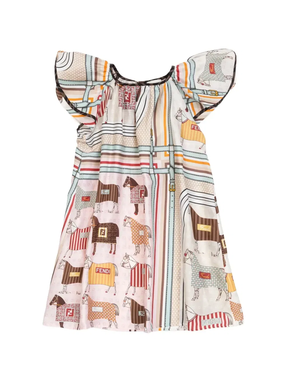 Платье с оборками и принтом лошадей Fendi Kids, бежевый