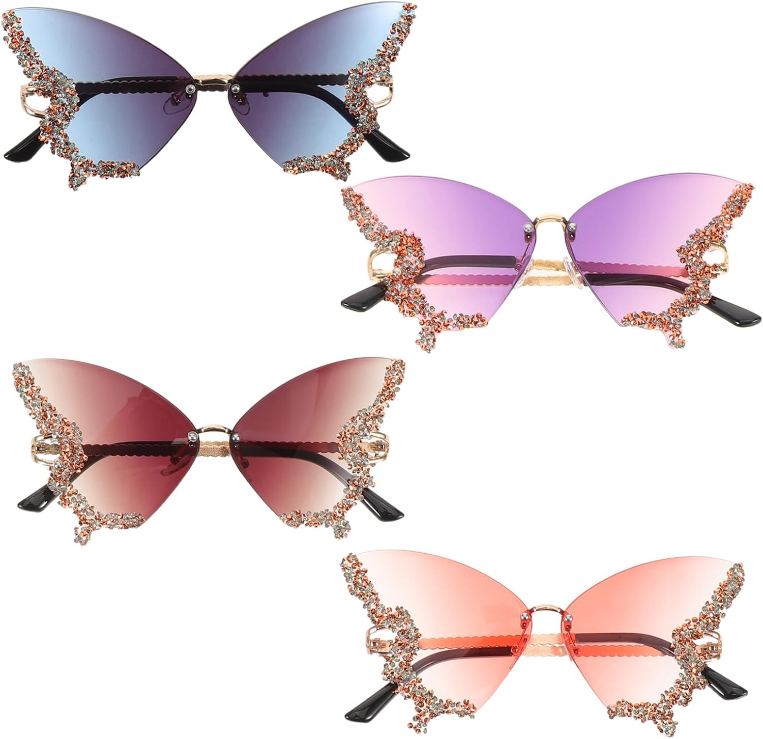 

Женские солнцезащитные очки Didiseaon (4 шт.): ретро-очки без оправы в форме бабочки со стразами - стильные очки с защитой от УФ-излучения для пляжных вечеринок и активного отдыха на природе, Multi
