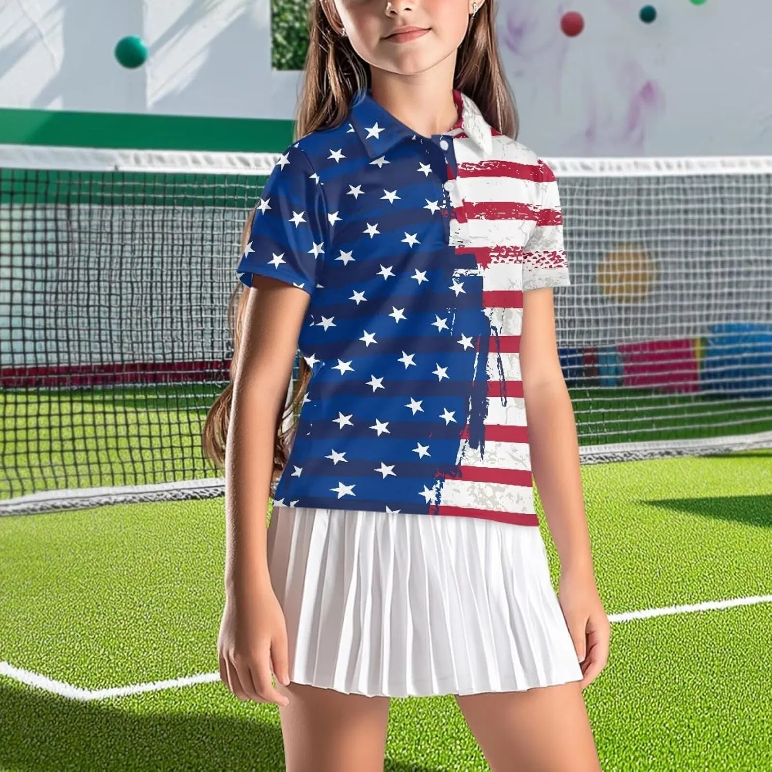 Поло для девочек, быстросохнущая, Snilety, American Flag Print — фото 3
