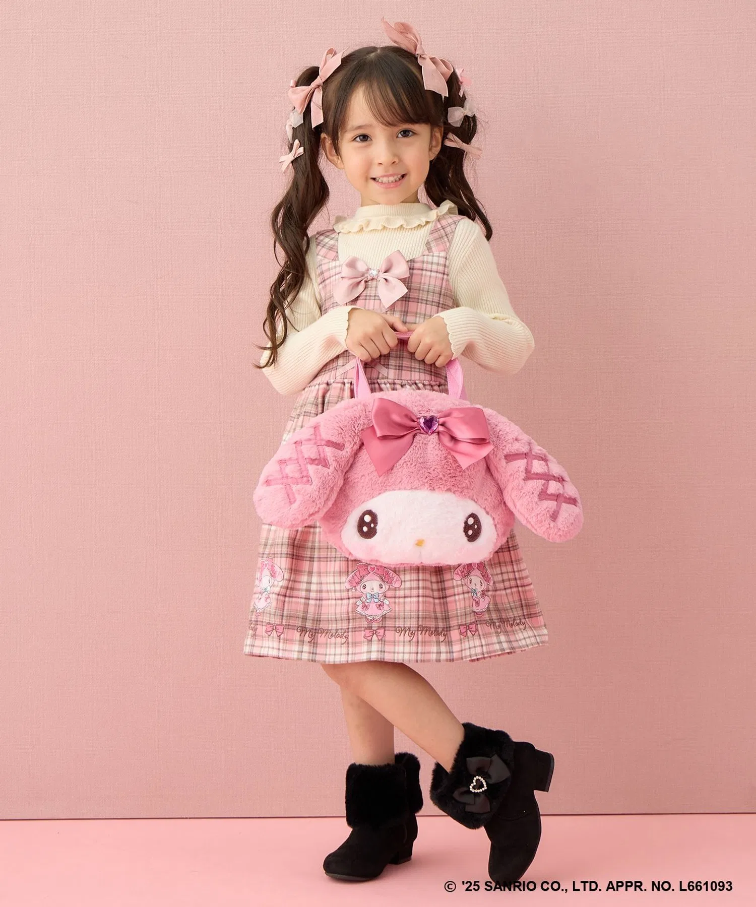 Детский клетчатый сарафан ANY KIDS с вышивкой и бантом My Melody розовый — фото 3