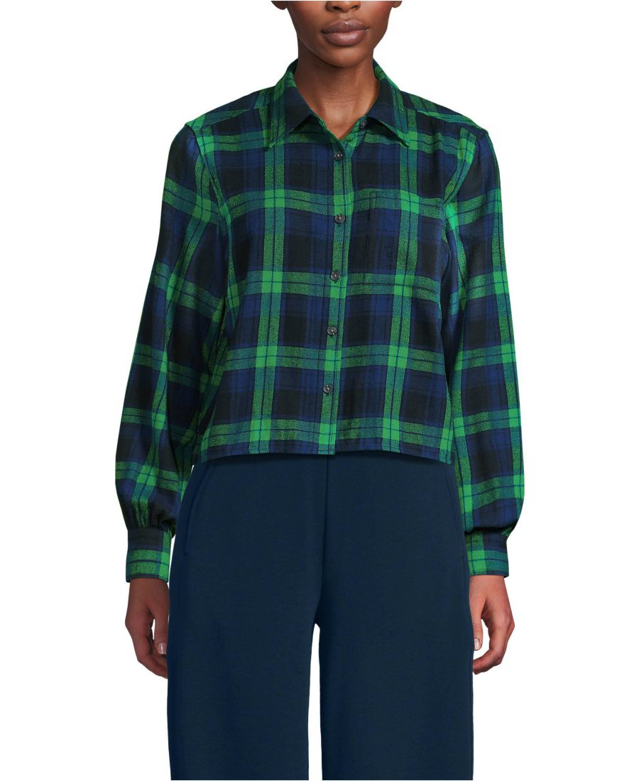 

Женская укороченная фланелевая рубашка Lands' End, Rich clover/navy plaid