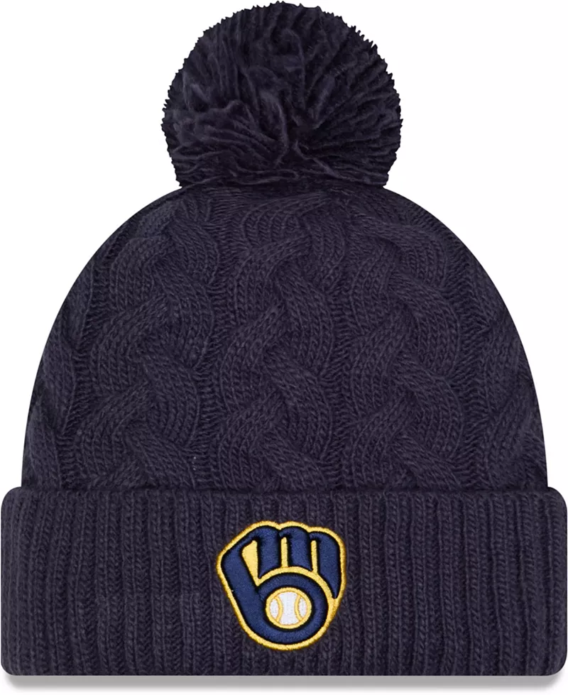 

Синяя женская вязаная шапка New Era Milwaukee Brewers с косичками