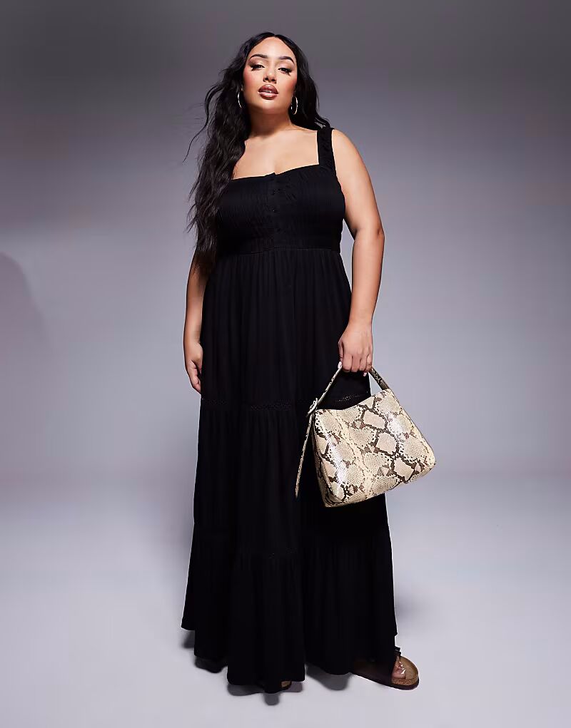 

Платье макси ASOS DESIGN Curve с квадратным вырезом, многоярусными сборками и кружевными вставками, черное - ЧЕРНОЕ