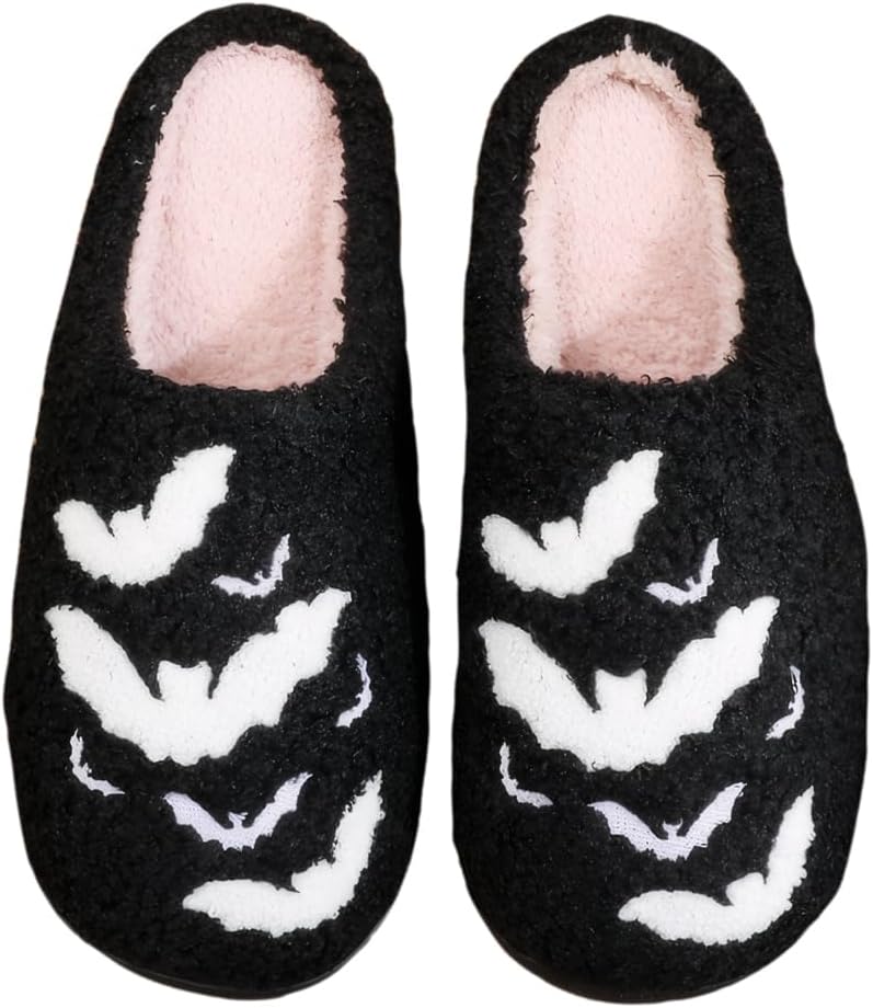 

Домашние тапочки на Хэллоуин для женщин и мужчин - уютные плюшевые домашние тапочки с нескользящей подошвой, милые изображения привидений/тыкв/летучих мышей, нескользящие, удобные для дома, для взрослых Hi-Y2Kgirls, A20