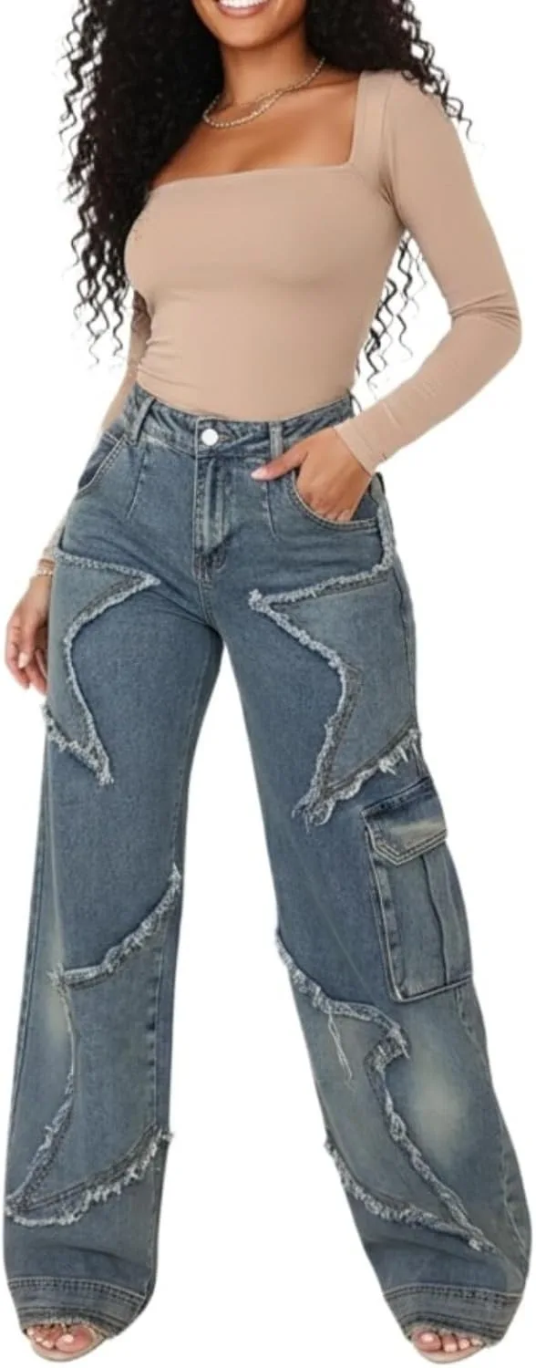 

NICO×ASH Женские джинсы High Waisted Baggy Straight Leg, Y2K дизайн с distressed и star patchwork