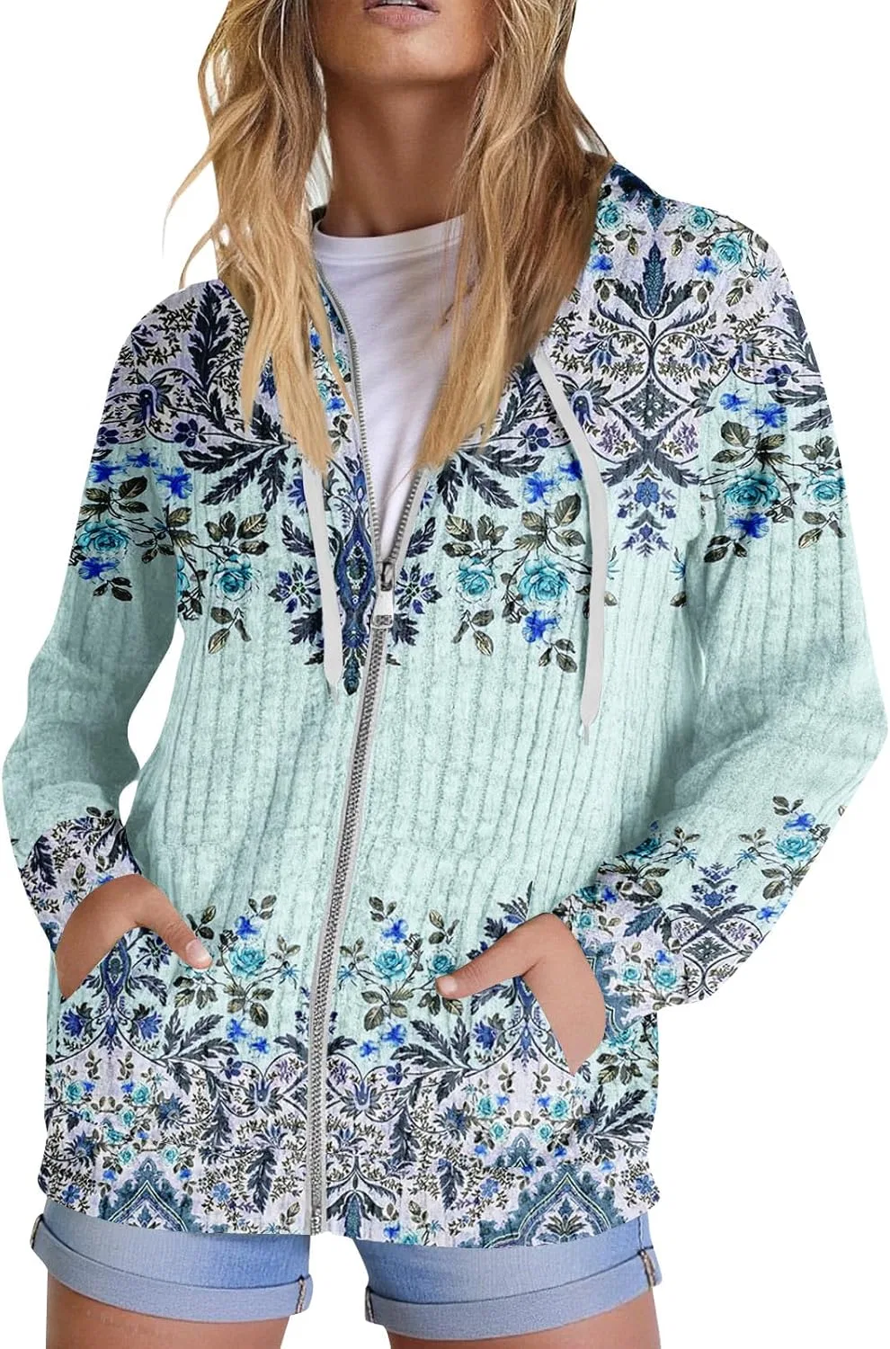 Женская кофта на молнии, хлопок, Generic, F Light Blue