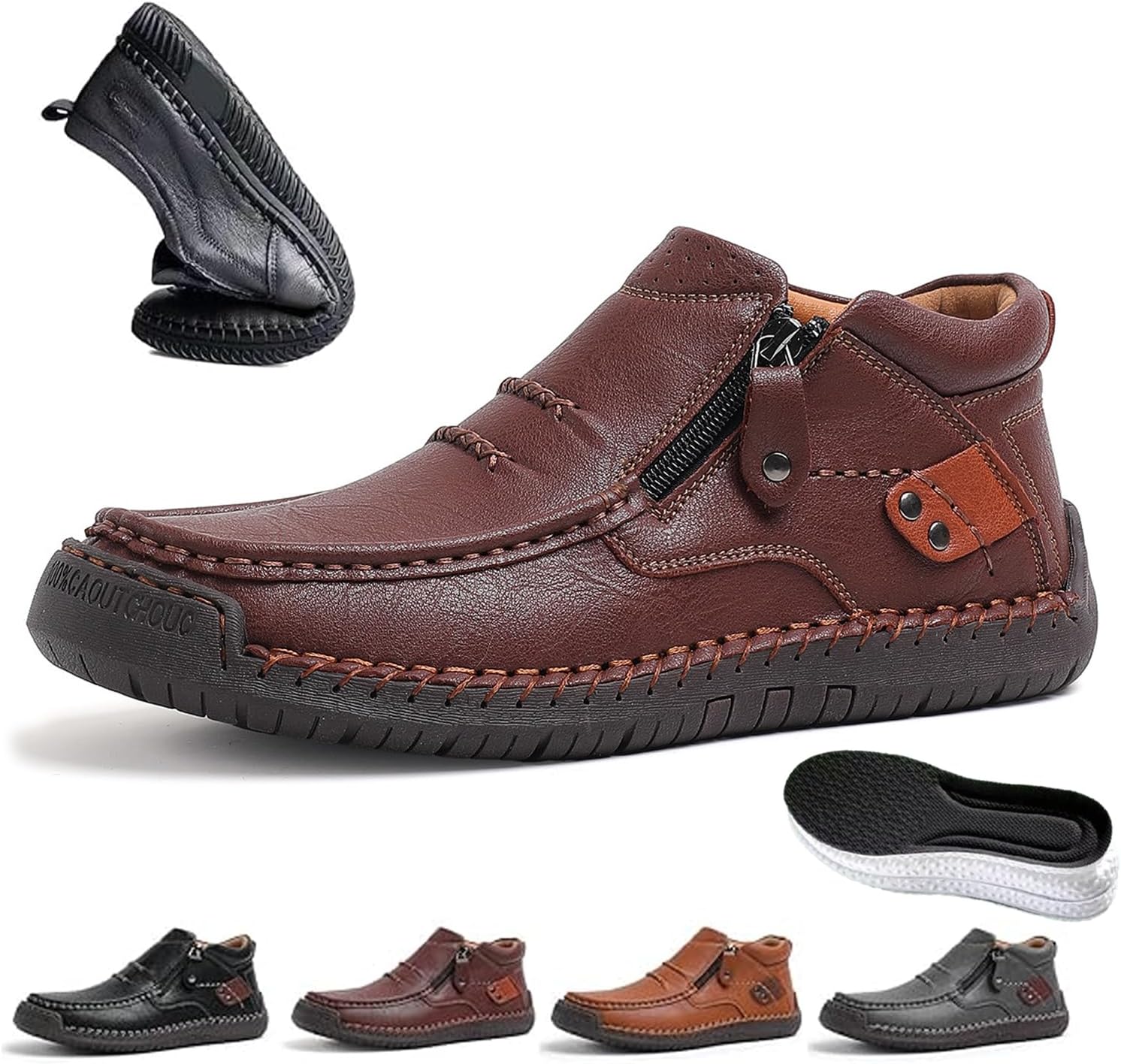 

Мужские вручную сделанные премиальные кожаные ботинки WXDSTW - слипоны для вождения, с широким носком, поддержкой свода стопы, легкие, удобные, водонепроницаемые, с нескользящей подошвой и боковой молнией, коричневый