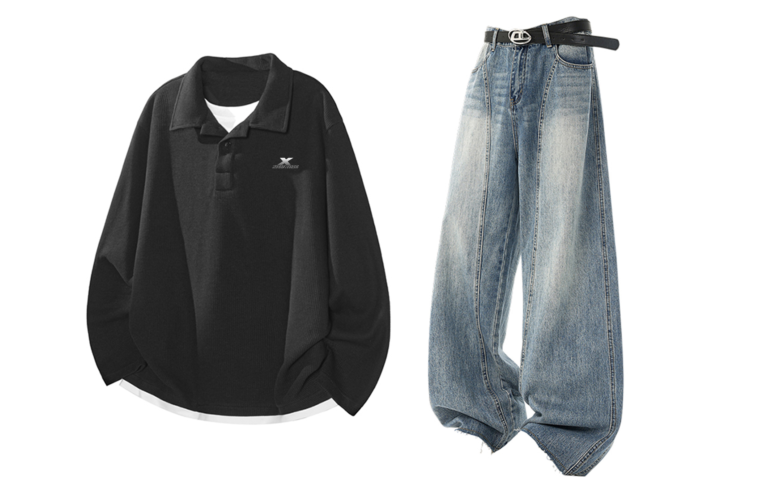 

Повседневная спортивная одежда Unisex V-образный вырез Moderate X1617, черный top+синий pants