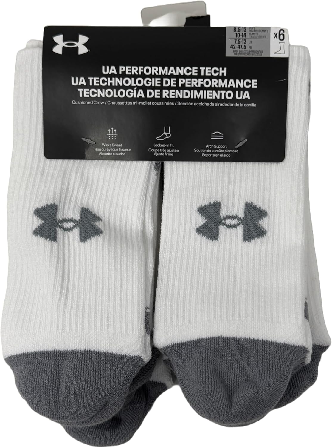 

Under Armour мужские носки UA Performance Tech Cushioned Crew - набор из 6 пар, White/Steel - 100